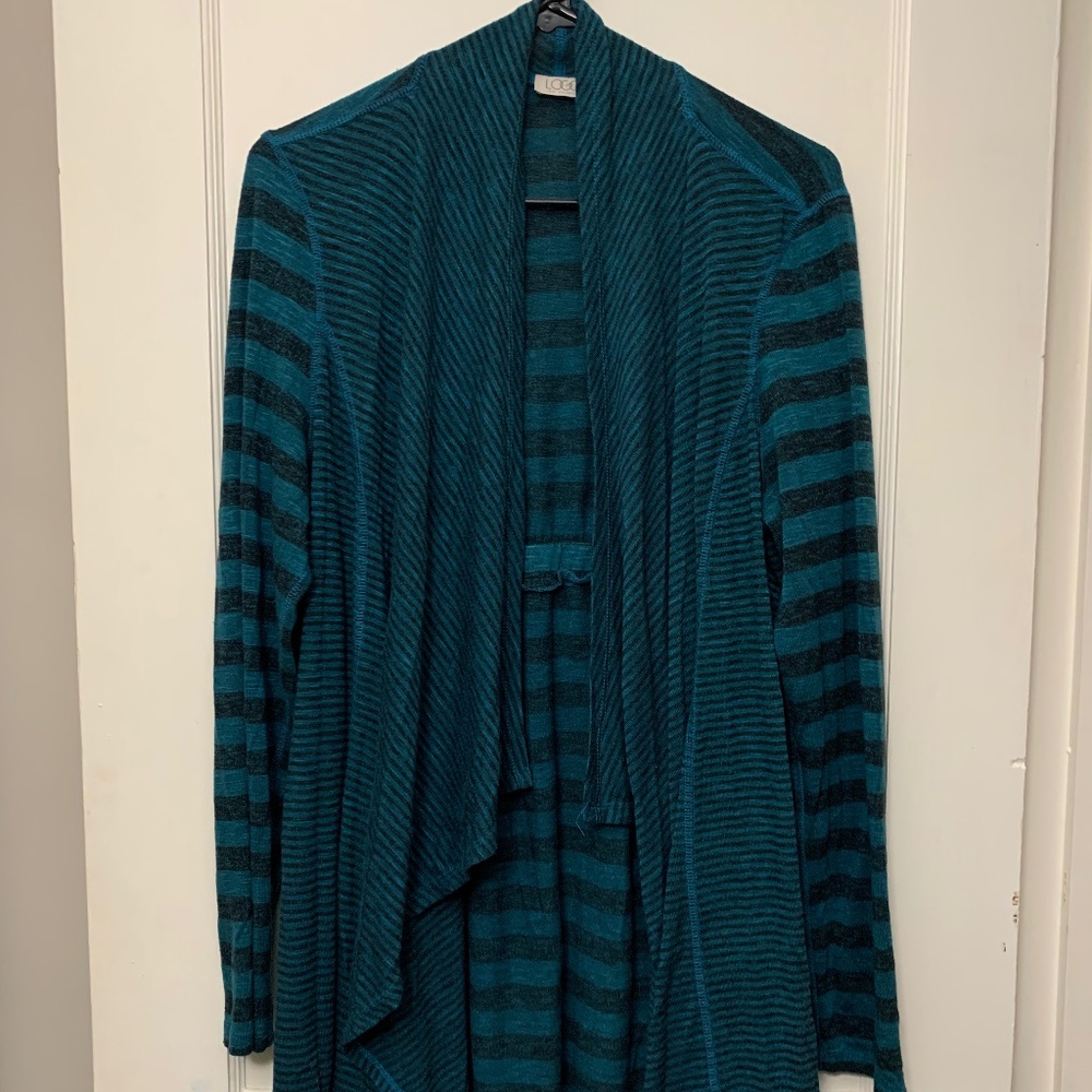 LOGO by Lori Goldstein Teal and Black striped Cardigan